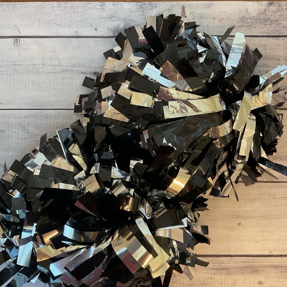 Cheerleading Pom Poms Black Silver Metallic Pair Baton Handle Cheer Dance #2
